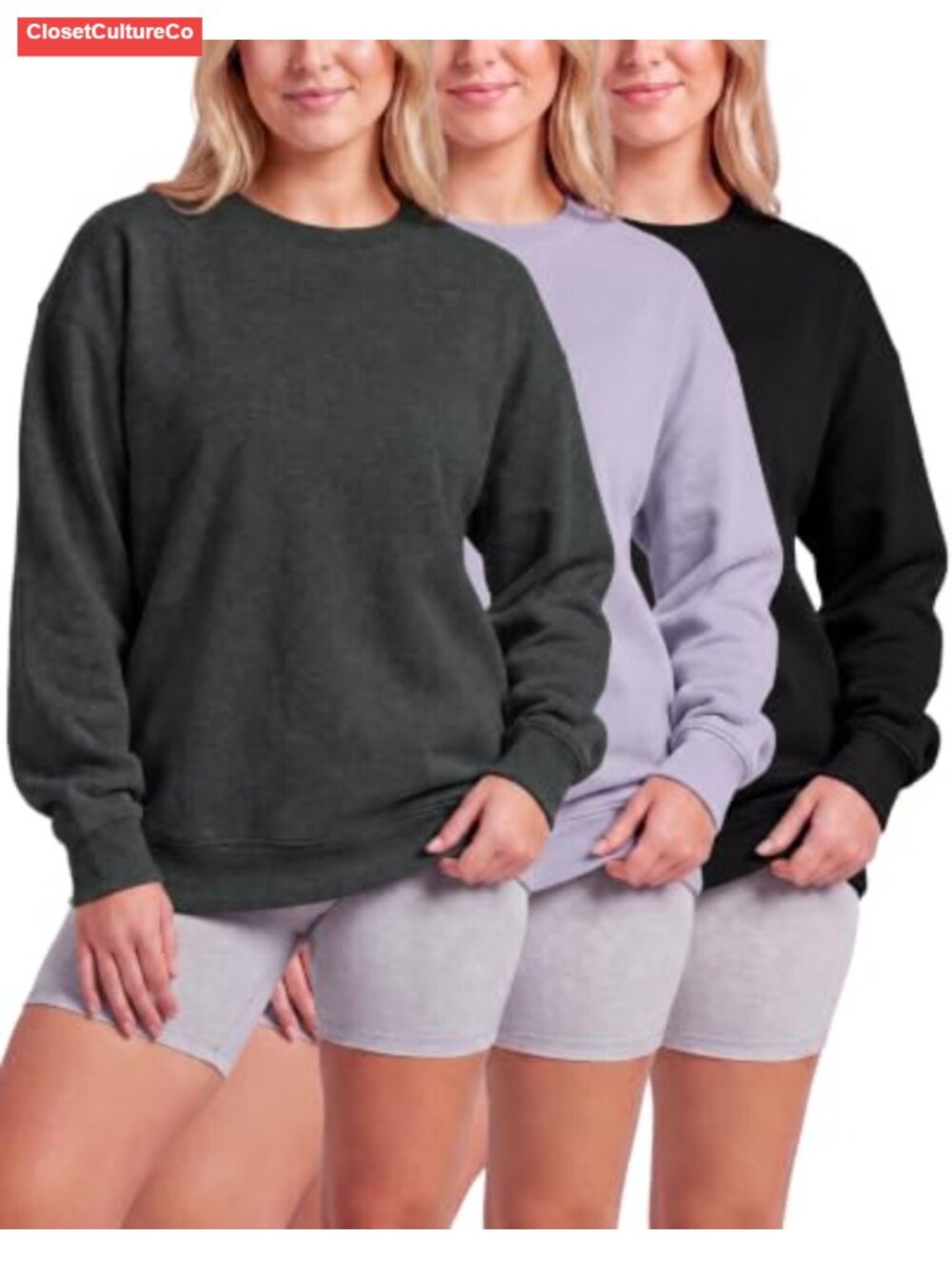 Womens Oversized Fleece Crewneck Sweatshirt Pullover 3 Pack
